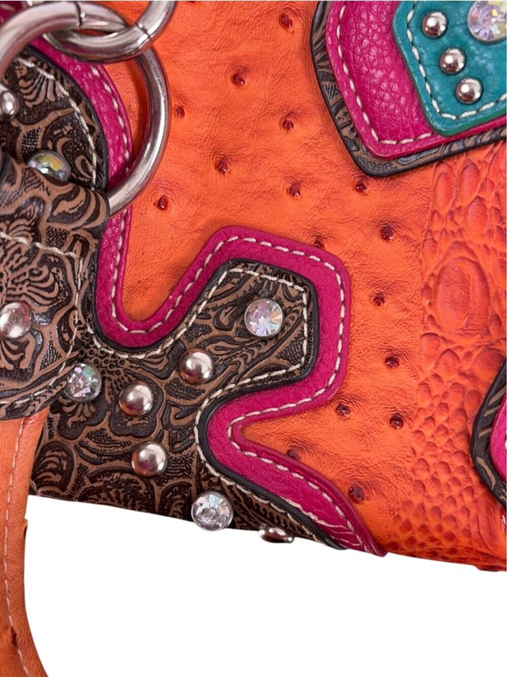 Vintage Blazin Roxx Cowgirl Purse Orange Pink Turquoise Rhinestone Cross - Picture 14 of 16